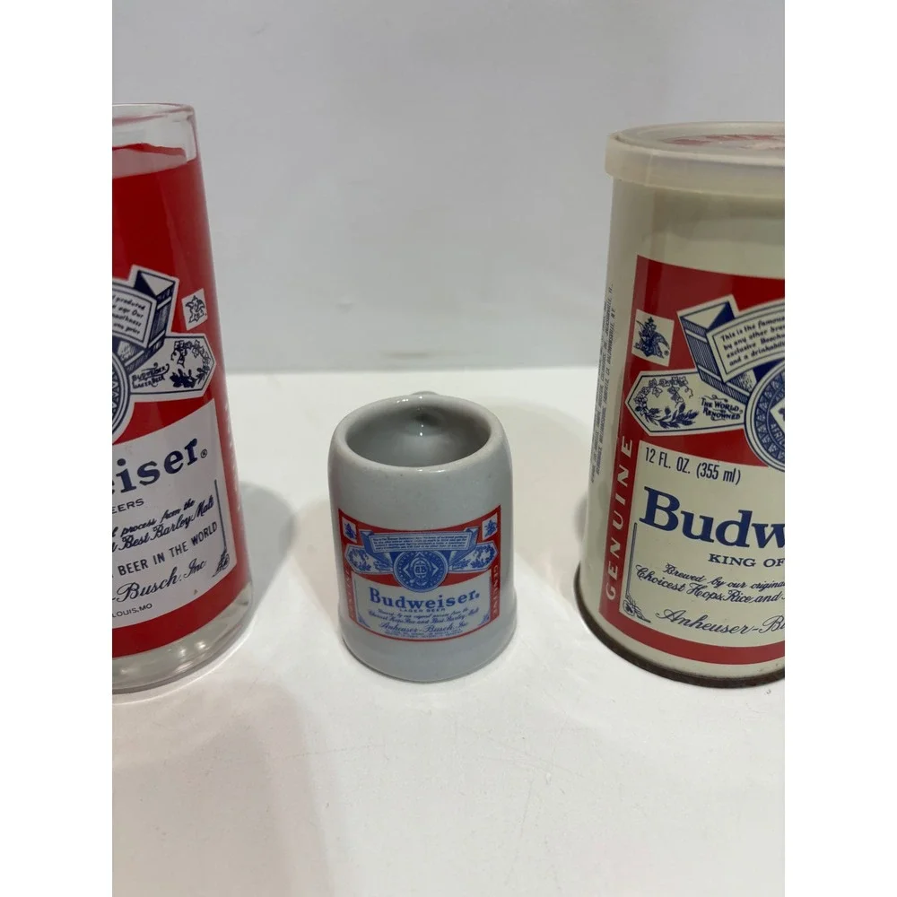 VTG Budweiser Barware Collectibles OS Red White Blue Glass Mini Stein Canister